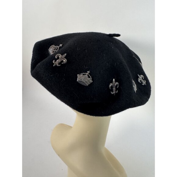 Neiman Marcus Black Wool Beret With Crown & Fleur-De-Lis Pins Made In UK main image 4